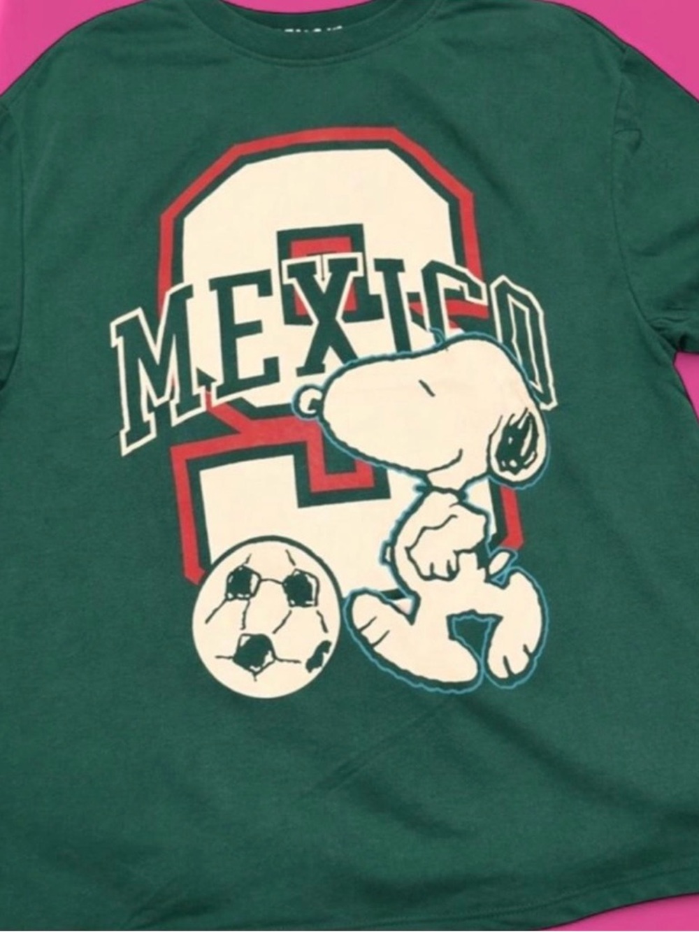 Peanuts Green Mexico Snoopy Soccer Short Sleeve Tee with Red & White Accents